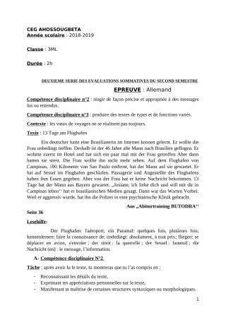 Première page de Allemand 2nde A & B — 2e évaluation sommative, 2e semestre (2018-2019) · CEG Ahossougbéta