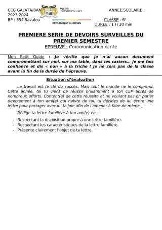 Première page de Français 5e, 4e, 4e ML, 3e — 1er devoir surveillé, 1er semestre (2023-2024) · CEG Galata