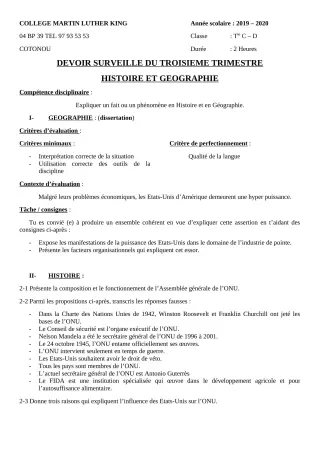 Première page de Histoire-Géographie Tle C, Tle D — Devoir surveillé, 3e trimestre (2019-2020) · CPEG Martin Luther King Cotonou