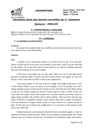 Première page de Anglais Tle A & B, Tle D — 2e devoir surveillé, 1er semestre (2018-2019) · CEG Sékou