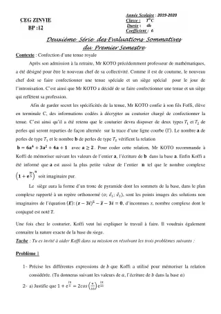 Première page de Mathématiques Tle C — 2e évaluation sommative, 1er semestre (2019-2020) · CEG Zinvié