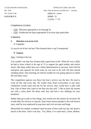 Première page de Anglais 1ère A & B — 2e devoir surveillé, 1er semestre (2018-2019) · Lycée Houegbadja d'Abomey (Ex Mafory Bangoura)