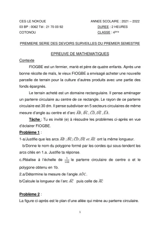 Première page de Mathématiques 4e, 4e ML — 1er devoir surveillé, 1er semestre (2021-2022) · CEG LE NOKOUE