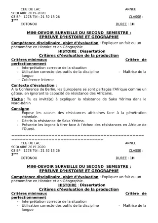 Première page de Histoire-Géographie 3e ML — Devoir surveillé, 2e semestre (2019-2020) · CEG du Lac