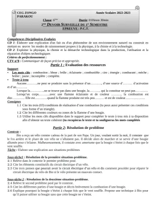 Première page de PCT 6e — 2e devoir surveillé, 1er semestre (2022-2023) · CEG ZONGO
