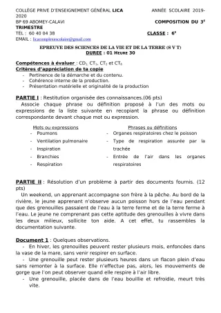 Première page de SVT 6e — Composition, 1er trimestre (2019-2020) · CPEG LICA