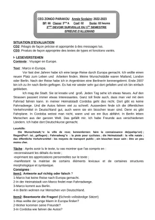 Première page de Allemand 4e, 3e, 2nde A2, 2nde B, 1ère A1, 1ère A2, 1ère B, Tle A1, Tle A2, Tle B — 2e devoir surveillé (2022-2023) · CEG ZONGO
