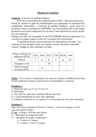 Première page de Devoir surveillé de MATHS GENE — 1ère D — CEG SEKERE (2020)