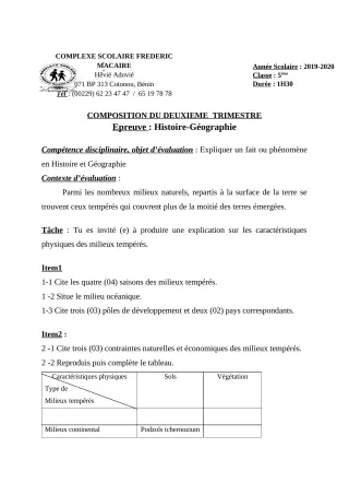 Première page de Histoire-Géographie 6e, 5e, 4e — Composition, 2e trimestre (2019-2020) · CPEG Frédéric Macaire