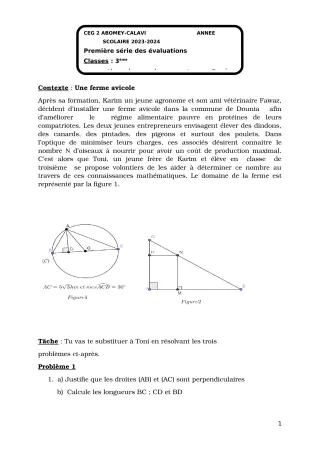 Première page de Mathématiques 3e — 1re évaluation sommative, 1er semestre (2023-2024) · CEG2 ABOMEY - CALAVI (CEG ZOCA)