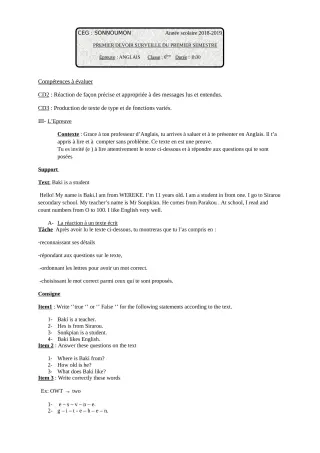 Première page de Anglais 6e — 1er devoir surveillé, 1er semestre (2018-2019) · CEG SONNOUMON