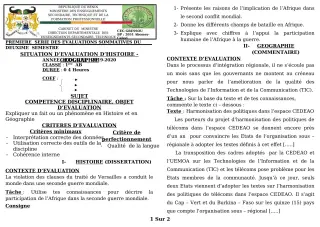 Première page de Histoire-Géographie 1ère A1, 1ère A2 — 1re évaluation sommative (2019-2020) · CEG GBESSOU