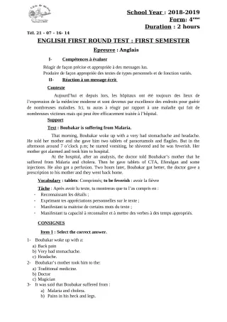 Première page de Devoir surveillé de ANGLAIS — 4e — CEG Sô-Ava (2018)