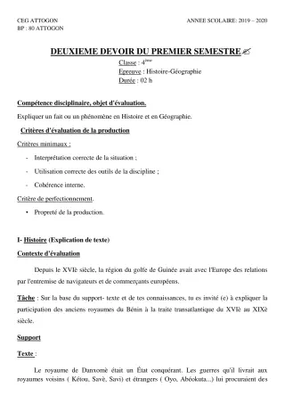 Première page de Histoire-Géographie 4e, 4e ML — 2e devoir surveillé, 1er semestre (2019-2020) · CEG Attogon
