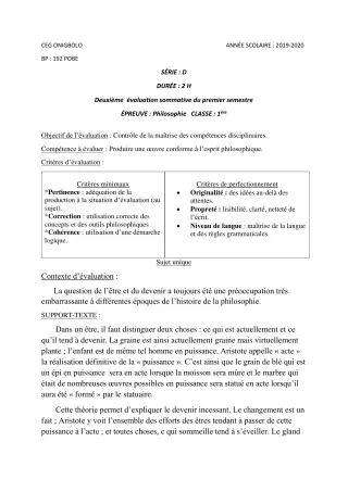 Première page de Philosophie Tle A2 — 2e évaluation sommative, 1er semestre (2019-2020) · CEG ONIGBOLO