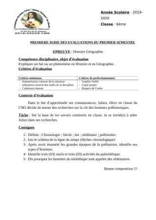 Première page de Histoire-Géographie 6e — Composition, 1er semestre (2019-2020) · CPEG Ste Thérèse de Zinvié