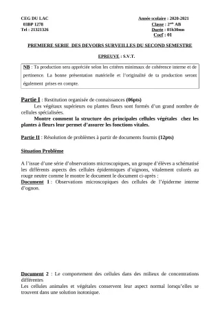 Première page de SVT 2nde A, 2nde B — 1er devoir surveillé, 2e semestre (2020-2021) · CEG du Lac