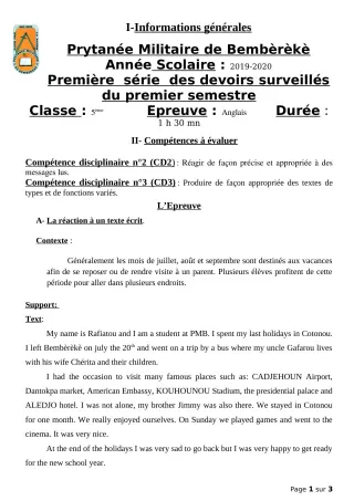 Première page de Anglais 5e — 1er devoir surveillé, 1er semestre (2019-2020) · PMB