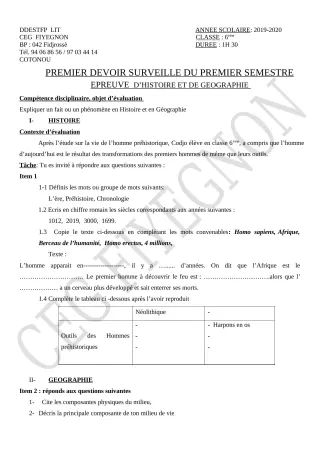 Première page de Histoire-Géographie 6e — 1er devoir surveillé, 1er semestre (2019-2020) · CEG FIYEGNON