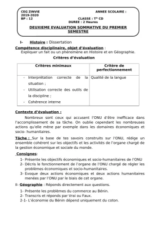 Première page de Histoire-Géographie Tle C, Tle D — 2e évaluation sommative, 1er semestre (2019-2020) · CEG Zinvié