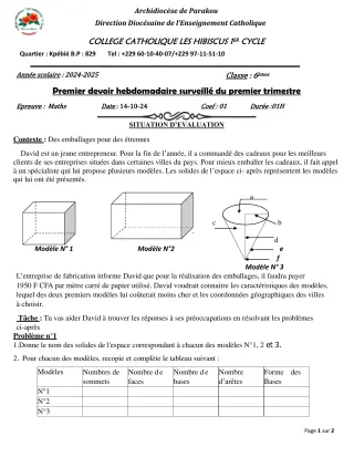 Première page de Mathématiques 6e — 1er devoir surveillé, 1er trimestre (2024-2025) · Hibiscus 1er cycle