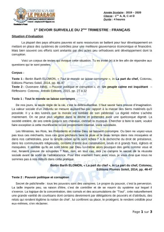 Première page de Français 1ère A, 1ère B, 1ère C, 1ère D — 1er devoir surveillé, 2e trimestre (2019-2020) · CPEG LE PHARAON