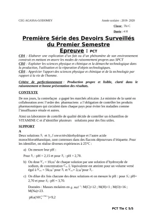 Première page de PCT Tle C — 1er devoir surveillé, 1er semestre (2019-2020) · CEG Agassa Godomey