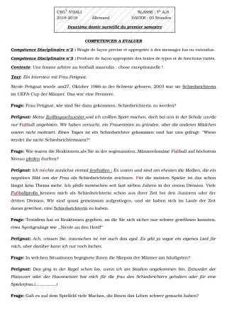 Première page de Allemand Tle A2 — 2e devoir surveillé, 1er semestre (2018-2019) · CEG 1 N'Dali