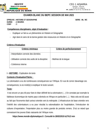 Première page de Examen Blanc de HIST-GEO — 3e ML — CEG1 Adjarra (2020)
