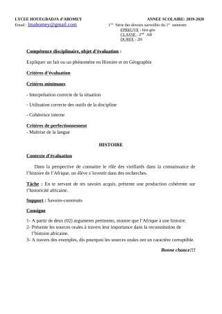 Première page de Histoire-Géographie 2nde B, 2nde D, 1ère B, 1ère D, Tle B — Devoir surveillé, 1er semestre (2019-2020) · Lycée Houegbadja d'Abomey (Ex Mafory Bangoura)