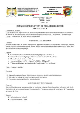 Première page de PCT 3e — 1er semestre (2021-2022) · CEG1 Abomey-Calavi