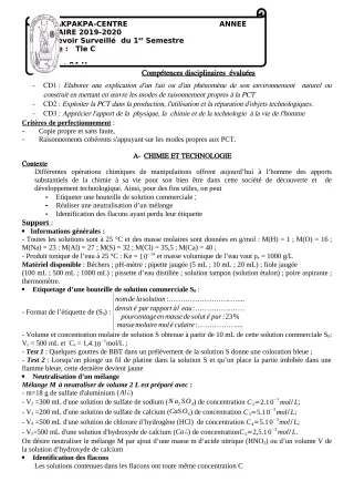 Première page de PCT Tle C — 1er devoir surveillé, 1er semestre (2019-2020) · CEG 1 Akpakpa-Centre