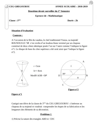 Première page de Mathématiques 3e, 3e ML — 2e devoir surveillé, 1er semestre (2018-2019) · CEG Gbegourou
