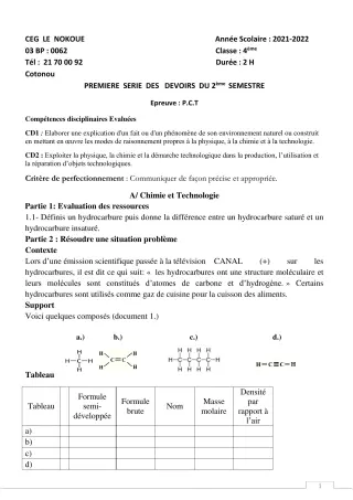 Première page de PCT 4e — 1er devoir surveillé, 2e semestre (2021-2022) · CEG LE NOKOUE