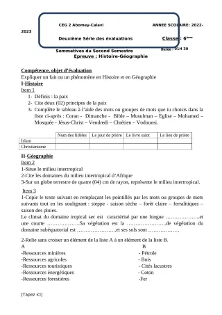 Première page de Histoire-Géographie 6e — 2e évaluation sommative, 2e semestre (2022-2023) · CEG2 ABOMEY - CALAVI (CEG ZOCA)
