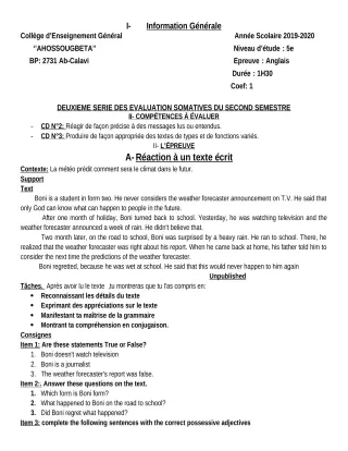 Première page de Anglais 5e — 2e évaluation sommative, 2e semestre (2019-2020) · CEG Ahossougbéta