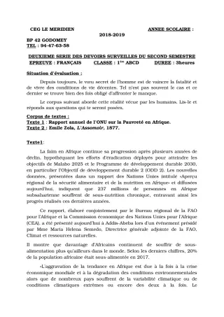 Première page de Français 1ère A1, 1ère A2, 1ère B, 1ère C, 1ère D — 2e devoir surveillé, 2e semestre (2018-2019) · CEG Le Méridien