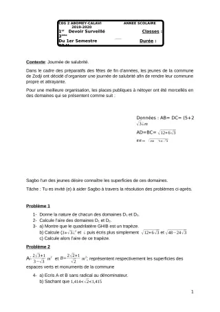 Première page de Mathématiques 3e, 3e ML — 1er devoir surveillé, 1er semestre (2018-2019) · CEG2 ABOMEY - CALAVI (CEG ZOCA)
