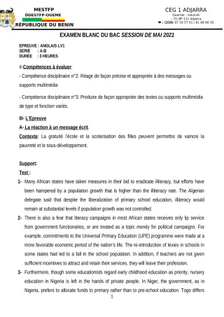 Première page de Examen Blanc de ANGLAIS — Tle A & B, Tle A1, Tle A2 — CEG1 Adjarra (2020)