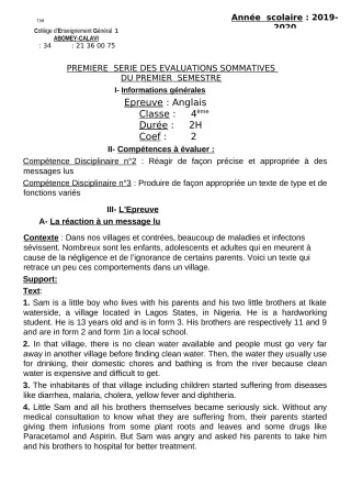Première page de Anglais 4e, 4e ML — 1re évaluation sommative, 1er semestre (2019-2020) · CEG1 Abomey-Calavi