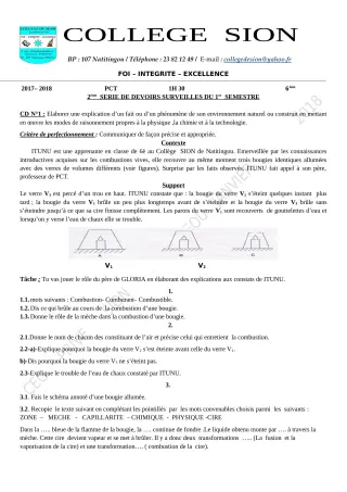 Première page de PCT 6e, 5e, 4e, 3e, 2nde D, Tle D — 2e devoir surveillé, 1er semestre (2019-2020) · CEG PRIVE SION DES AD