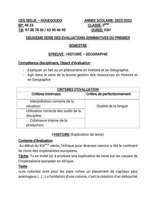 Première page de Histoire-Géographie 3e ML — 2022-2023 · CEG Sèdjè-Houègoudo