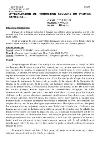 Première page de Français 1ère A2, 1ère B, 1ère C, 1ère D — Production scolaire, 1er semestre (2019-2020) · CEG SEHOUE
