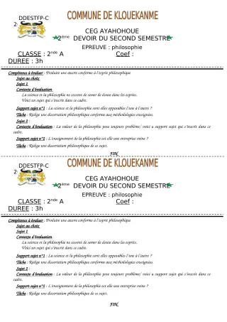 Première page de Philosophie 2nde A, 2nde A1, 2nde A2, 2nde D, 1ère A, 1ère A1, 1ère A2, 1ère D, Tle A & B, Tle A1, Tle A2, Tle D — Devoir surveillé, 2e semestre (2019-2020) · CEG AYAHOHOUE