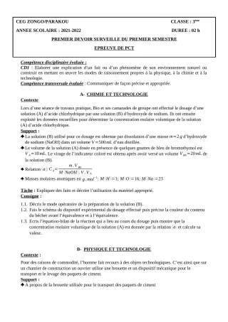 Première page de PCT 6e, 5e, 4e, 3e — 1er devoir surveillé, 1er semestre (2021-2022) · CEG ZONGO