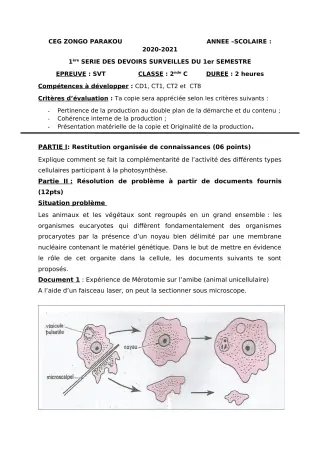 Première page de SVT 2nde C — 1er devoir surveillé, 1er semestre (2020-2021) · CEG ZONGO