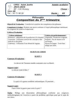 Première page de Philosophie 1ère A2, 1ère B, 1ère C, 1ère D — Composition, 3e trimestre (2023-2024) · CPEG SAINT Justin