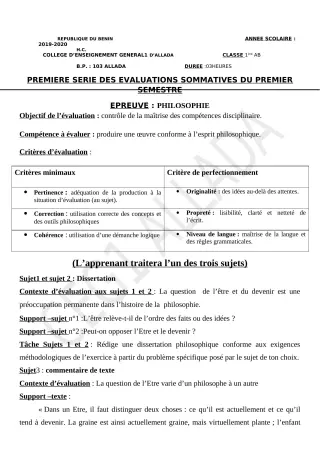 Première page de Philosophie 2nde A & B, 2nde C, 2nde D, 1ère A & B, 1ère C, 1ère D, Tle A & B, Tle C, Tle D — 1re évaluation sommative, 1er semestre (2019-2020) · CEG1 Allada