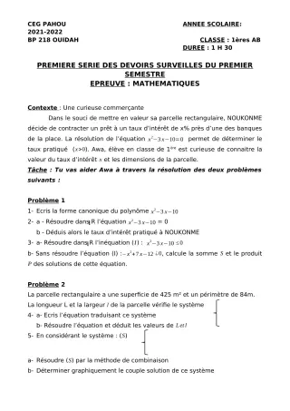 Première page de Mathématiques 1ère A2, 1ère B — 1er devoir surveillé, 1er semestre (2021-2022) · CEG PAHOU