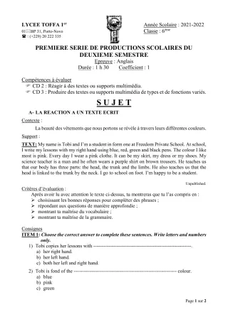 Première page de Anglais 6e — 1re production scolaire, 2e semestre (2021-2022) · Lycée Toffa 1er